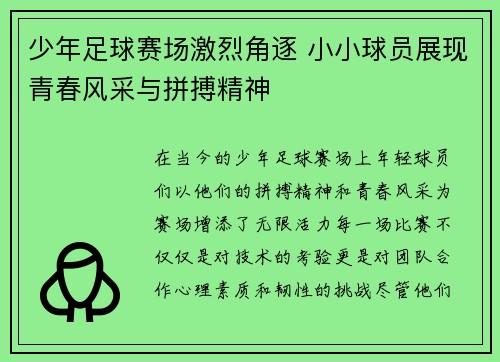 少年足球赛场激烈角逐 小小球员展现青春风采与拼搏精神